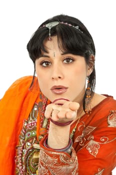 young woman in a hindu dress, isolated on white