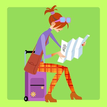Tourist sitting on the suitcase and looks at the map at the airport or at the station or on the bus