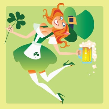 Girl elf on the holiday of St. Patricks day with a beer and a Shamrock in his hand dancing