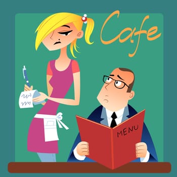 The waitress takes an order from a customer in the cafe, guest considers menu
