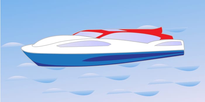 Boat sailing in a sea cartoon style three color vector illustration on a white background