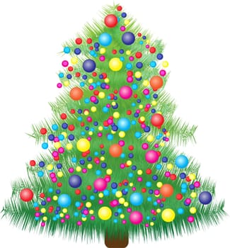 A New Year fir tree decorated with colorfull balls and lights vector illustration on a white background. The use in postcards or invitation cards
