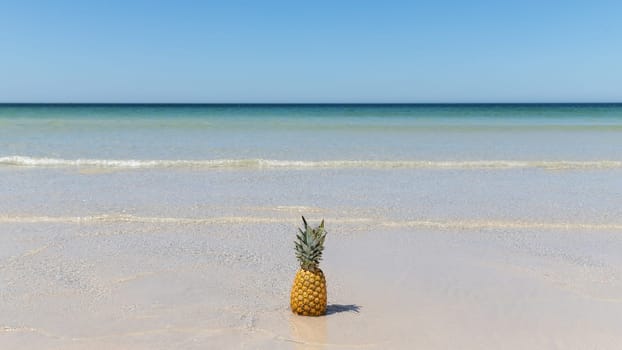 Lonely pineapple on the sand of the beach with the turquoise sea in the background