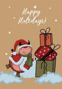 New Year card. year of the bull. Christmas tree. Vector greeting vertical card with a bull.