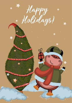 The bull is the symbol of 2021. Happy Holidays postcard. Cute ox illustration.