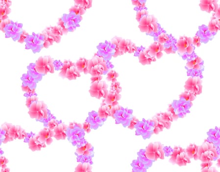 Valentine s Day. Seamless. Hearts from pink and purple sakura flowers, cherry blossom on a white background. Vector illustration