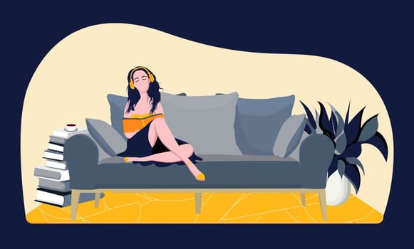 The girl at home reads in headphones. Modern vector illustration. The concept of quarantine and self-isolation. Horizontal format