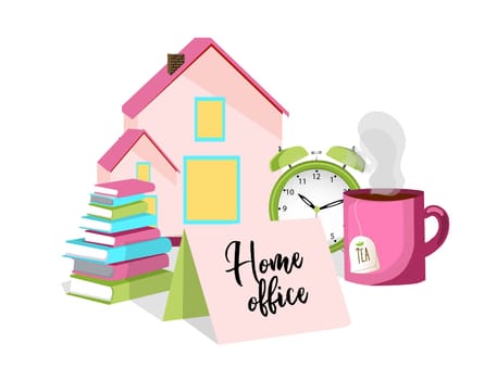 Home Office. remote work. Work from home. Cup of tea, alarm clock, clock, books. The concept of self-isolation and quarantine. Vector illustration on a white background.