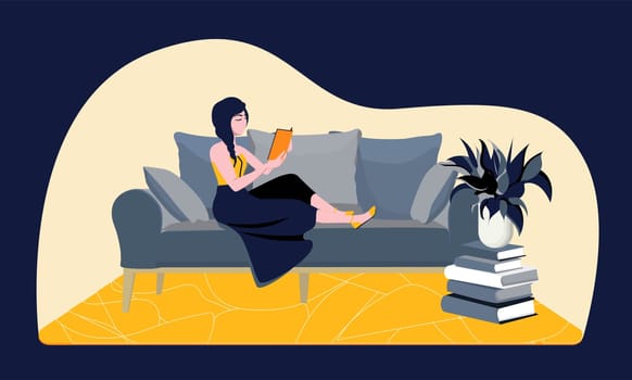A woman is reading at home. Modern vector illustration. The concept of quarantine and self-isolation. Horizontal format