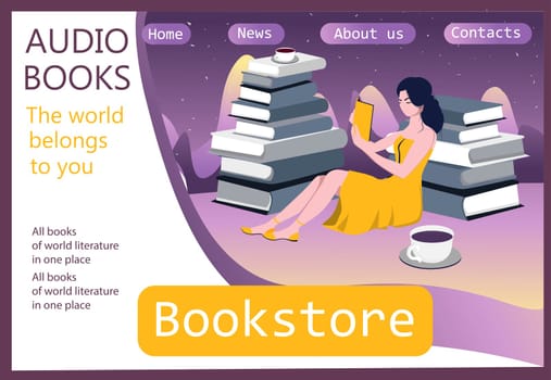 Girl sitting in a pile of books. Template for the site. Landing page. Audiobook concept. Books online.