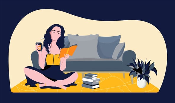 A girl is reading a book. Modern vector illustration. The concept of quarantine and self-isolation. Horizontal format