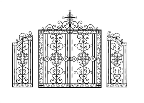 Wrought iron gates for a temple or church. Christian religion pattern. The fence is made of metal. Art hot forging. Vector illustration.