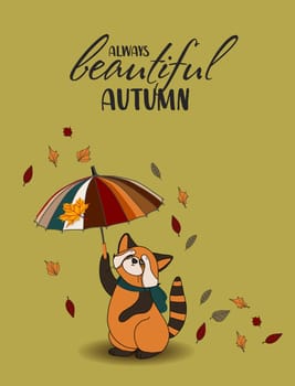 red panda, falling leaves, cozy food, nuts, mushrooms and pumpkin. Scrapbook collection of autumn season elements. Bright set for harvesting. Autumn postcard.