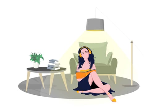 quarantine. Flat young friend woman with books in room with abstract interior and plant. Concept girl character student education. Vector illustration. Self isolation. Stay home.