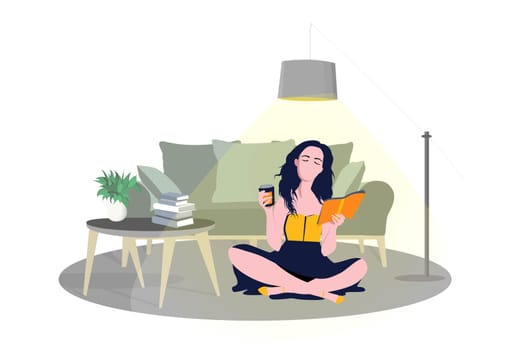 quarantine. Flat young friend woman with books in room with abstract interior and plant. Concept girl character student education. Vector illustration. Self isolation. Stay home.