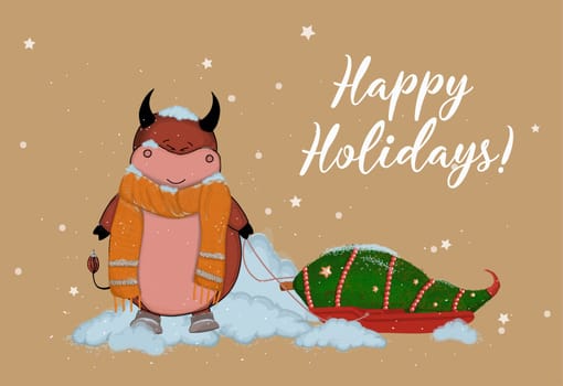 Christmas kraft paper card, hand drawn style. Vector illustration of the year of the bull 2021. Happy holidays.