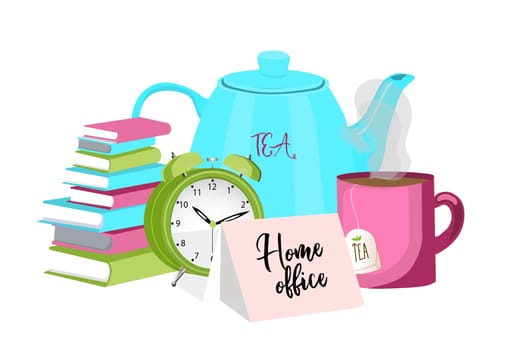 Home Office. remote work. Work from home. The concept of self-isolation and quarantine. Vector illustration on a white background. Cup of tea, alarm clock, clock, books.