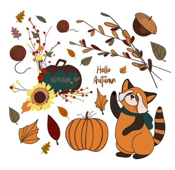 Set of cute autumn cartoon characters, plants and food. Fall season. Collection of scrapbook elements for party, harvest festival or Thanksgiving day.