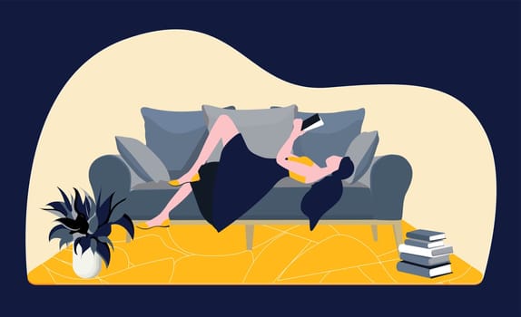 The girl lies on the couch and reads a book. Modern vector illustration. The concept of quarantine and self-isolation. Horizontal format