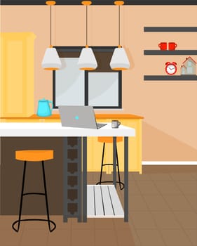 Vector illustration. ROOM. INTERIOR KITCHEN STUDIO. A cozy place to work.