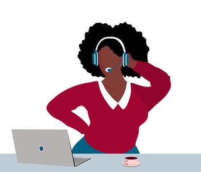Black woman in headphones isolated on a white background. The concept of remote work. Freelance. Audio books and online conferencing.