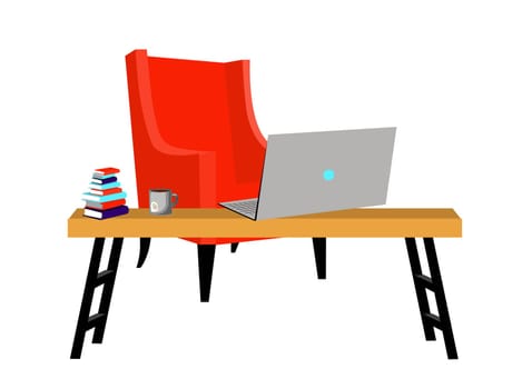 Workplace. Desk and laptop. Books on the table .. Vector illustration on a white background