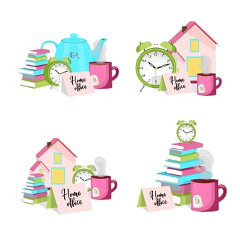 Vector illustration on the theme of remote work and home office. A stack of books and a cup of tea. Work from home. Freelance.