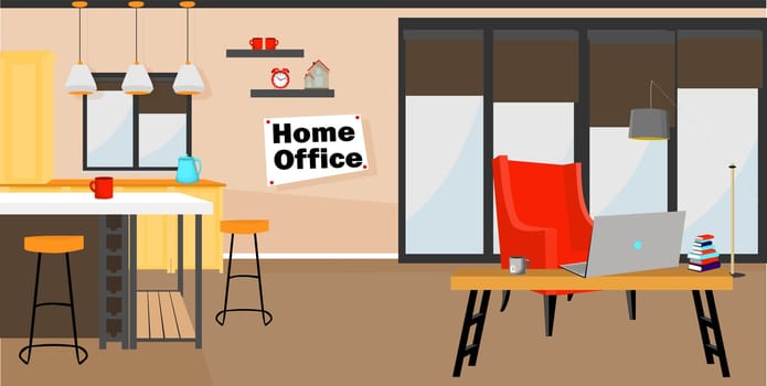 Home Office. The interior of the kitchen and living room. Organization of a workplace in the house. Online work. Remote earnings. Freelance