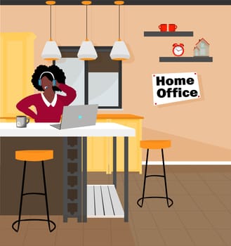 Remote work complexity. Home Office. Kitchen interier. Laptop on the kitchen table. Woman work at home.