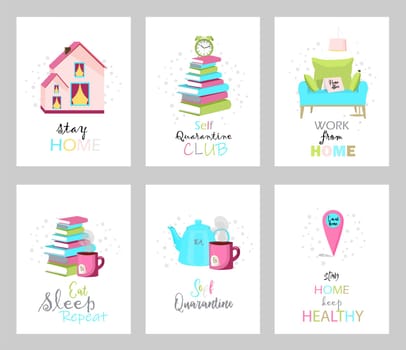 a collection of quarantine and self-isolation postcards. Vector cute greeting cards. Work from home, home office. Stay at home.