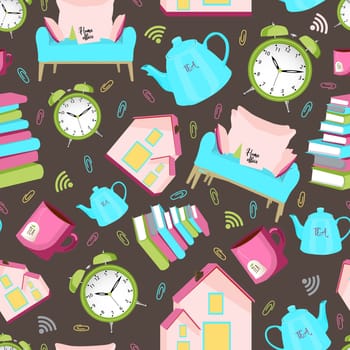 Seamless vector pattern. Home items. cozy house, home improvement. Kettle and cup, alarm clock and books. Stay home.