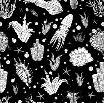 Algae oceanic pattern. Floral summer pattern. Summer design. BLACK BACKGROUND