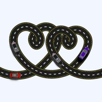 Postcards for Valentines Day. Stylized as an old printer. Two hearts in the form of a road on a white background isolated. Vector illustration