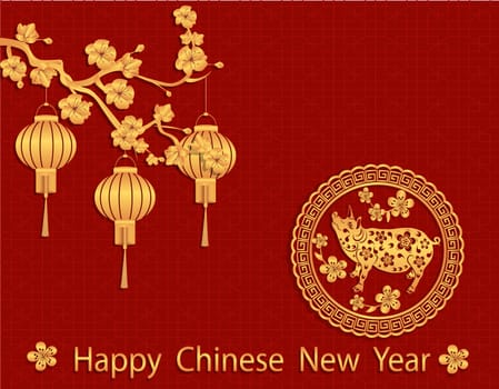 Zodiac of the Pig. The Chinese pig of the New Year. A drawing of a pig, an sakura and lanterns in gold with shadow. vector illustrator