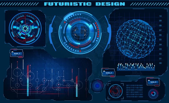 Futuristic graphic interface hud design, infographic elements, hologram of the globe. Theme and science, the theme of analysis. Vector illustration