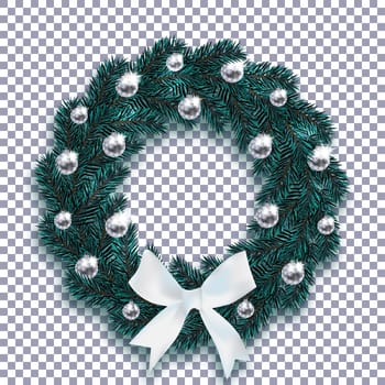 Christmas, New Year. Blue fir branches in the shape of a Christmas wreath with balls with a pattern and a white bow. On a checkered background with a shadow. Vector illustration