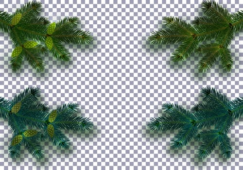Christmas, New Year. Set a realistic branch of green and blue Christmas tree and its shadow. On a checkered background. vector illustration