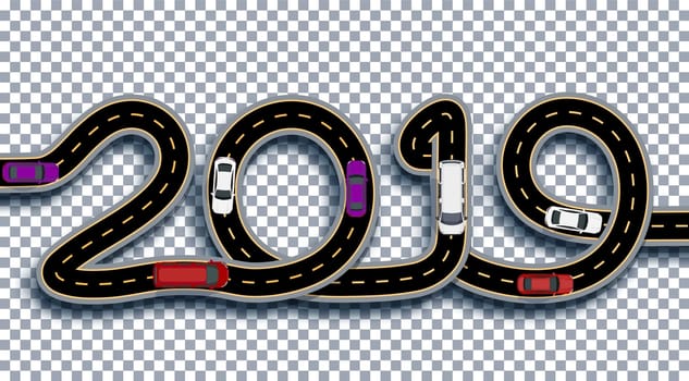 2019 New Year. The road is stylized as an inscription. Trucks and cars. Isolated On Transparent Background With Shadow. Vector Illustration