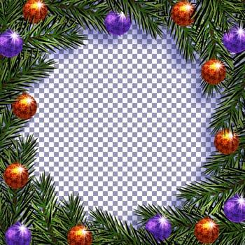 New Year. Christmas. Postcard with a picture. Green branches of fir trees in a circle with balls and shadow on a transparent background. vector illustration