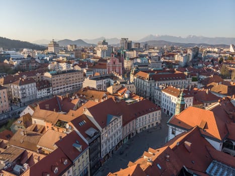Panoramic view of Ljubljana, capital of Slovenia, at sunset. Empty streets of Slovenian capital during corona virus pandemic social distancing measures in 2020.