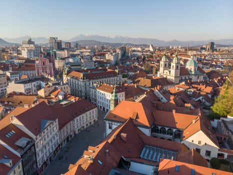 Panoramic view of Ljubljana, capital of Slovenia, at sunset. Empty streets of Slovenian capital during corona virus pandemic social distancing measures in 2020.