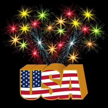 Volumetric 3D US stylized inscription under the colors of the flag on the background of fireworks. Vector illustration