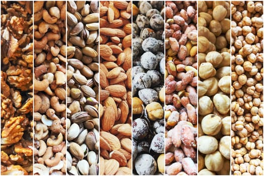 Group Of Nuts As Background. Walnuts, Cashew, Pistachio, Almonds, Hazelnuts, Peanuts And Chickpeas.