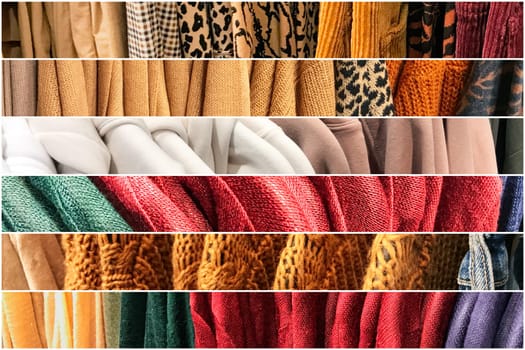 Different types of winter sweaters for sale at a nearby store