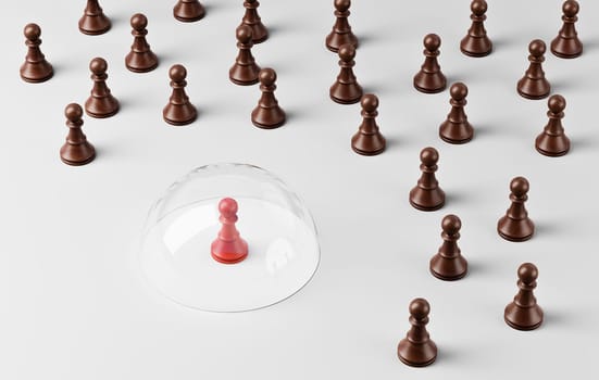 One Red Wooden Chessman Under a Glass Shield Isolated from a Crowd 3D Illustration, Social Isolation Concept