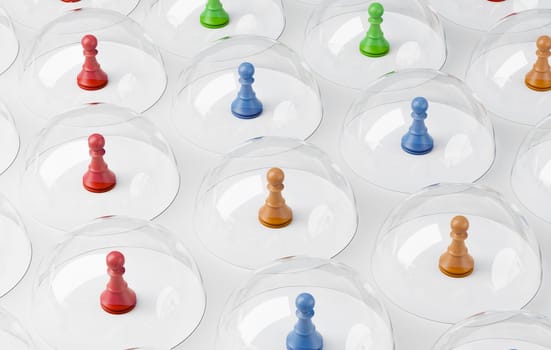 Colorful Wooden Chessmen Under Glass Shields Keeping Distance 3D Illustration, Physical Distancing Concept