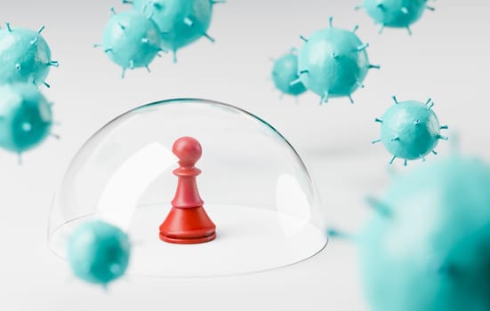 One Red Wooden Chessman Under a Glass Shield Shielded Against Virus 3D Illustration, Personal Protection Concept