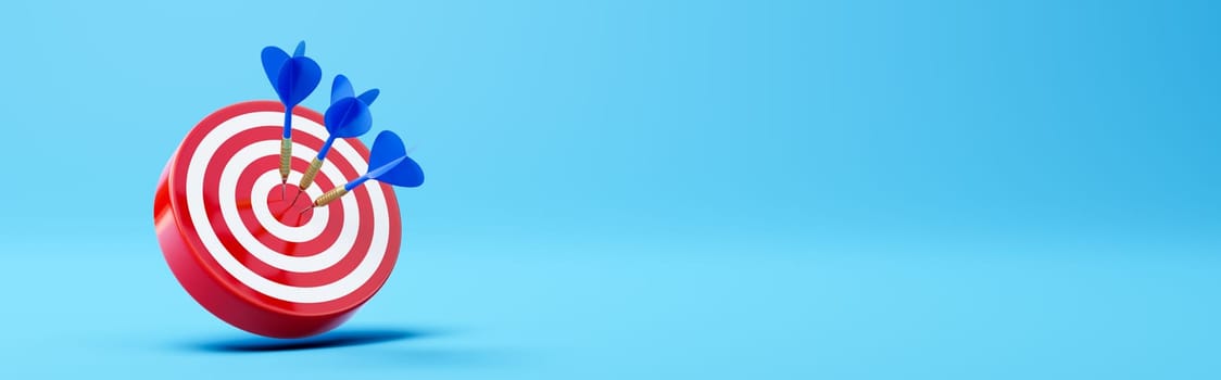 Three Blue Darts Hitting a Red Target on the Center on Blue Background with Copy Space 3D Illustration