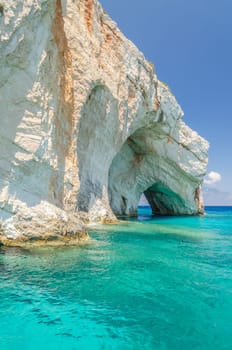 Gorgeous azure waters of blue caves on north east coast of Zakynthos island, Greece