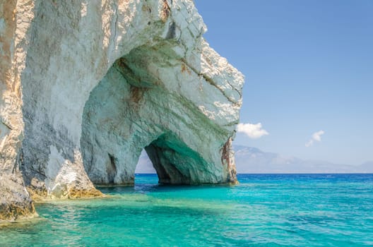 Gorgeous azure waters of blue caves on north east coast of Zakynthos island, Greece
